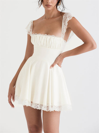Lace Cap Sleeves Empire Waist Mini Dress