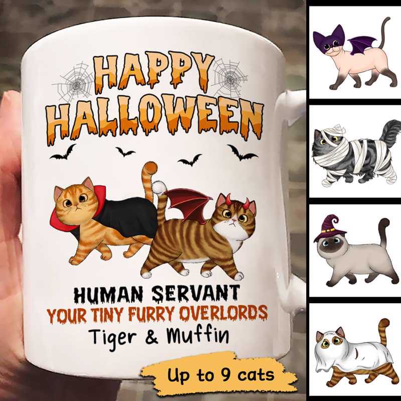 Happy Halloween Human Servant Walking Fluffy Cats Personalized Mug