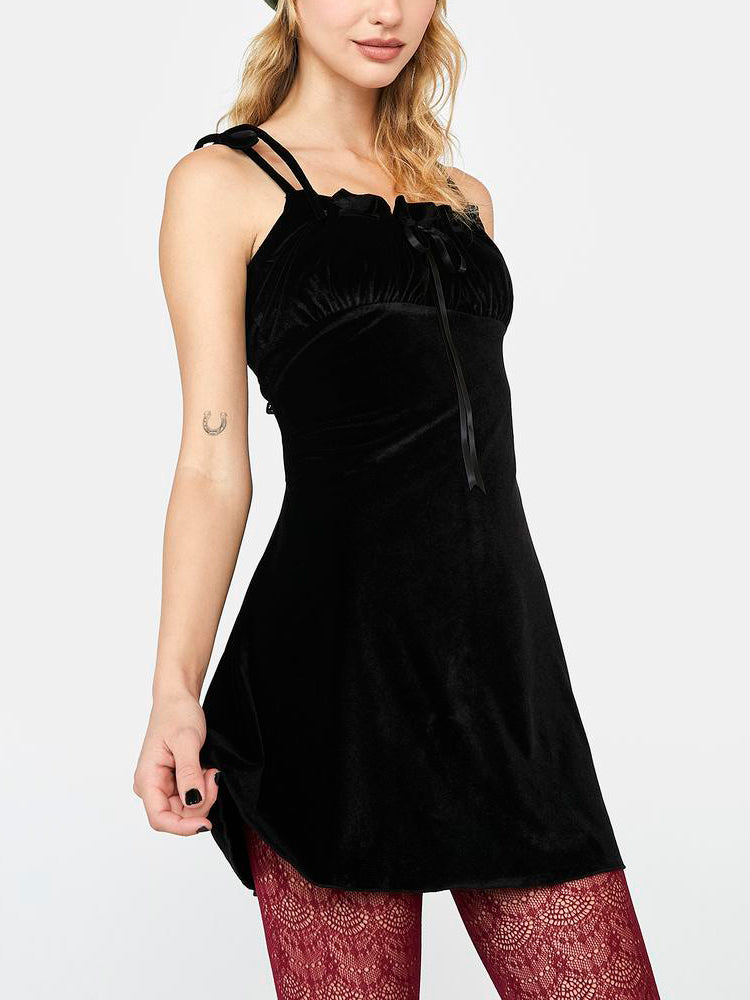 Black Velvet Ruched Bust A-line Mini Dress