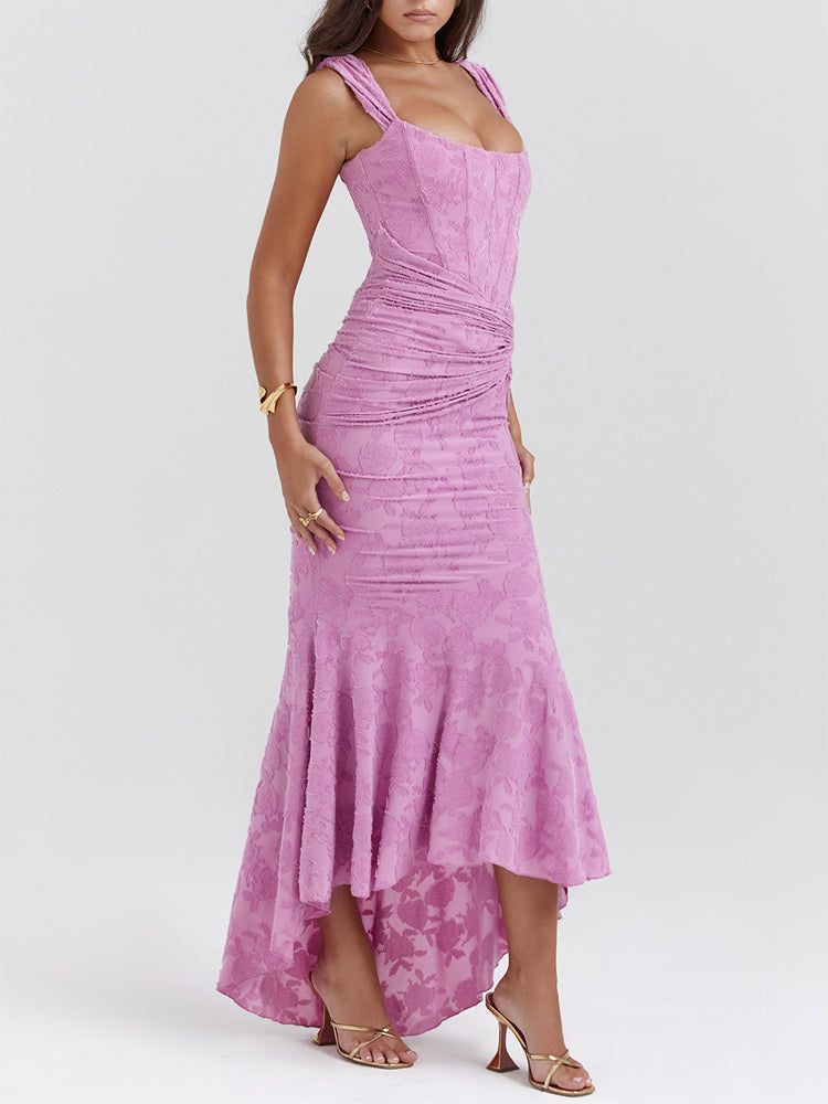 Rose Pink Floral Corset Ruffle Ruched Maxi Dress
