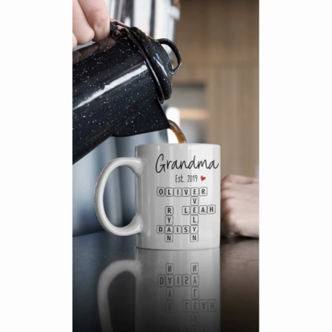 Grandma Mom Est. Crossword Puzzle Art Personalized Mug