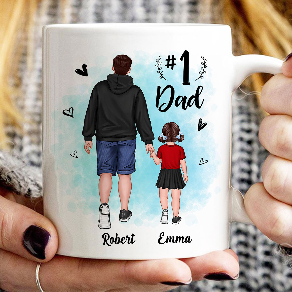 Watercolor Back View Dad And Son Daughter Kids Walking #1 Dad Personalized Mug