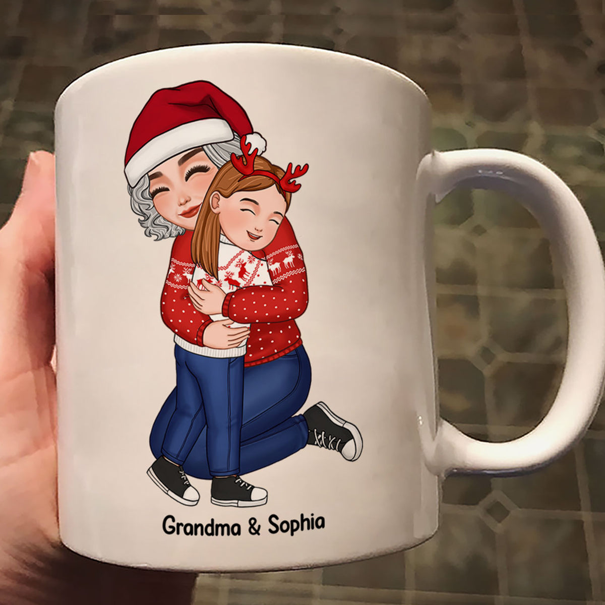 Cute Grandma Hugging GrandKid Christmas Gift For Granddaughter Grandson Personalized Mug