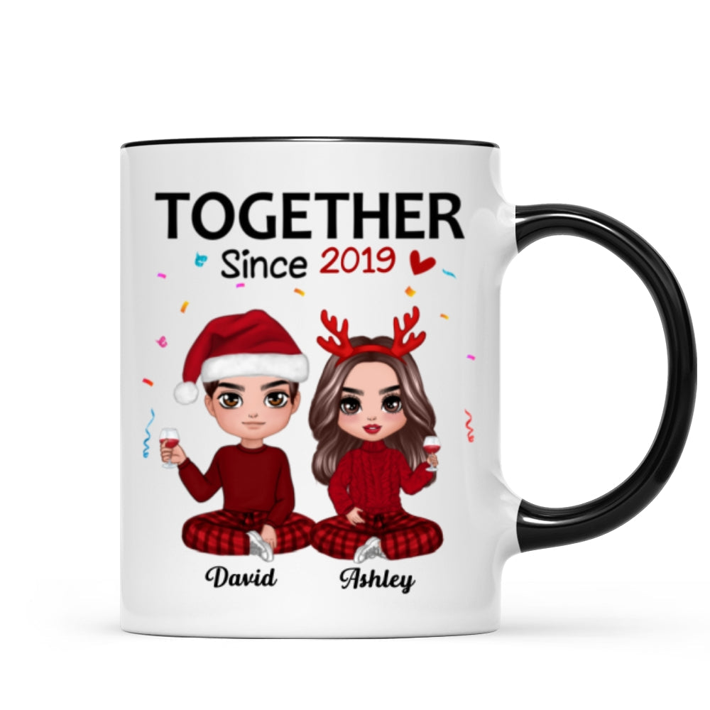 Christmas Doll Couple Sitting Confetti Personalized Mug