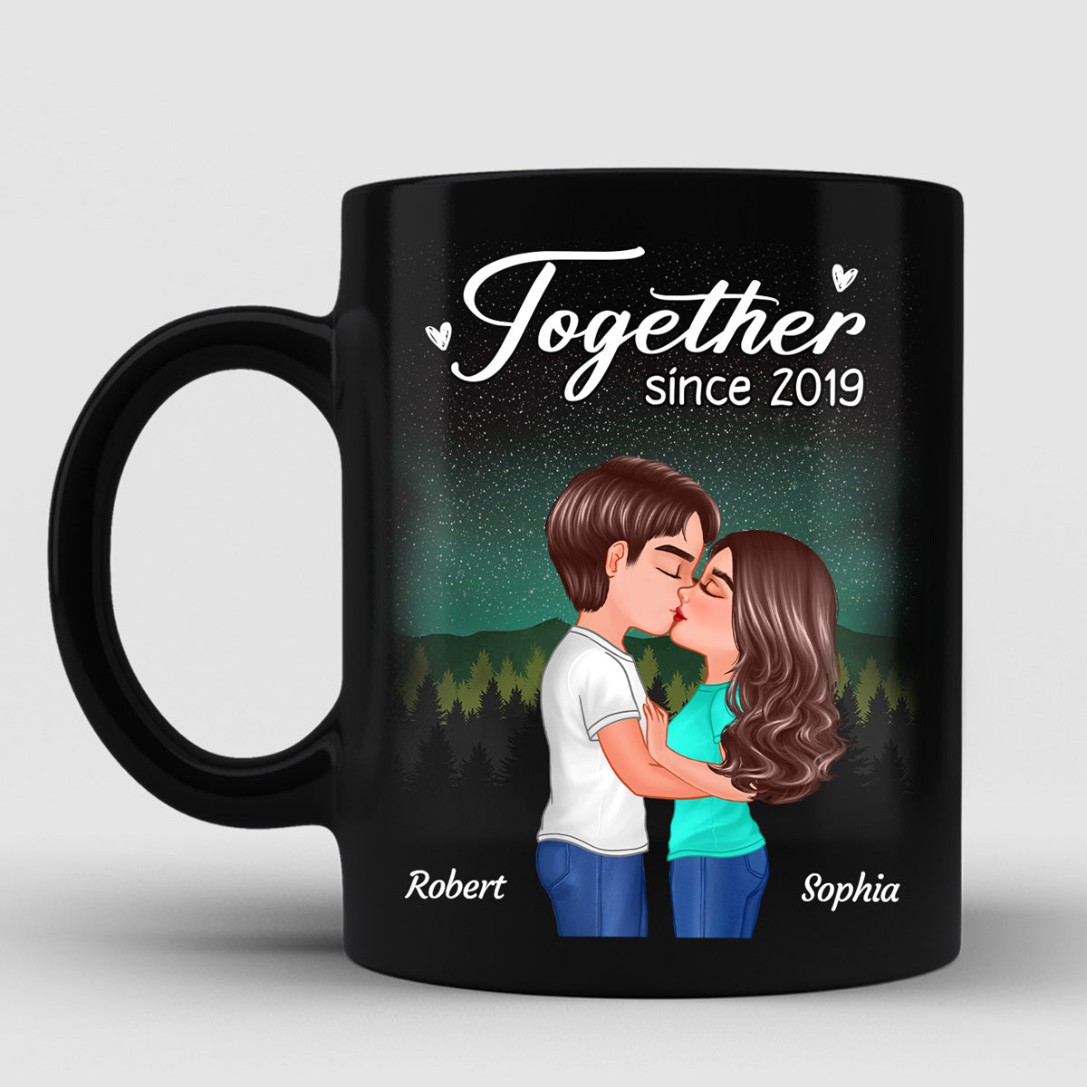 Doll Couple Kissing Under Star Night QR Code Calendar Personalized Black Mug