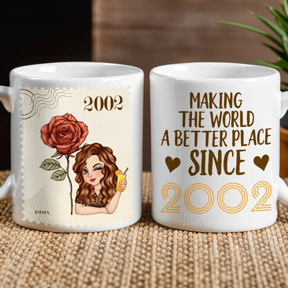 Making the World a Better Place Personalized White Ceramic Mug with Birth Year and Cartoon Girl