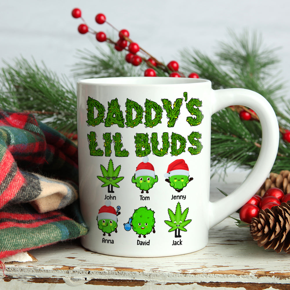Daddy's Lil Buds Personalized Weed Family Mug, Christmas Tree Decor