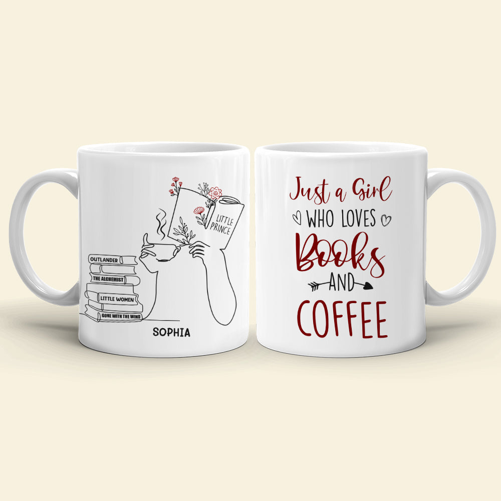 Girl Reading & Drink Coffee Line Art - Custom Book Title Mug - Gift For Book Lovers