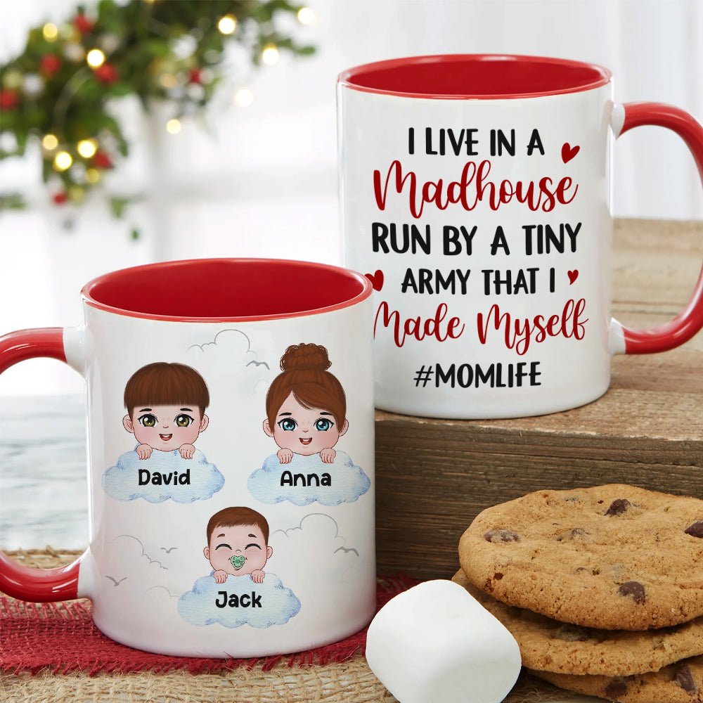I Live In A Madhouse, Personalized Mug, Gift For Mom, Mother's Day Gift, Little Kids With Clouds