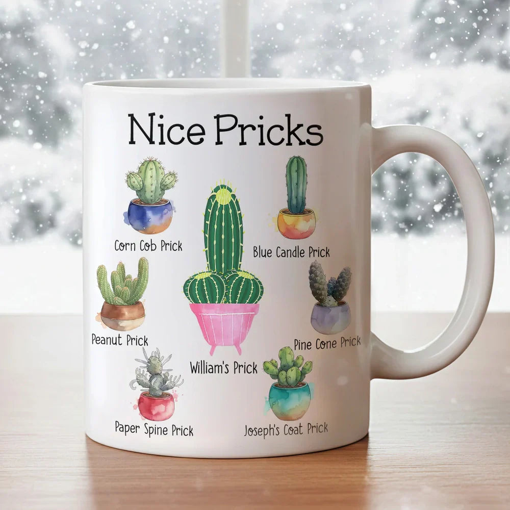 Personalized White Ceramic Mug with Funny Cactus Nice Pricks Design, Unique Gift for Husband or Boyfriend, Fun Naughty Coffee Gift