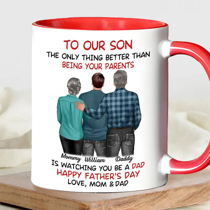 Mom-Dad-Son Back-View Ceramic Cup, Happy Trio Father's Day Keepsake