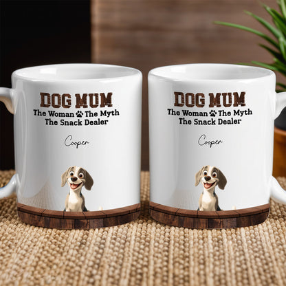 Dog Mum - The Myth, The Snack Dealer' Themed Mug White Ceramic, Ideal Gift for Pet Lovers on Mother's Day or for Home Use