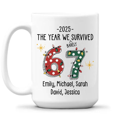 Custom 67 Ceramic Mug with Festive Dotted Numbers, Personalized Year We Survived Joke for Office Friends, Fun & Cute Gift