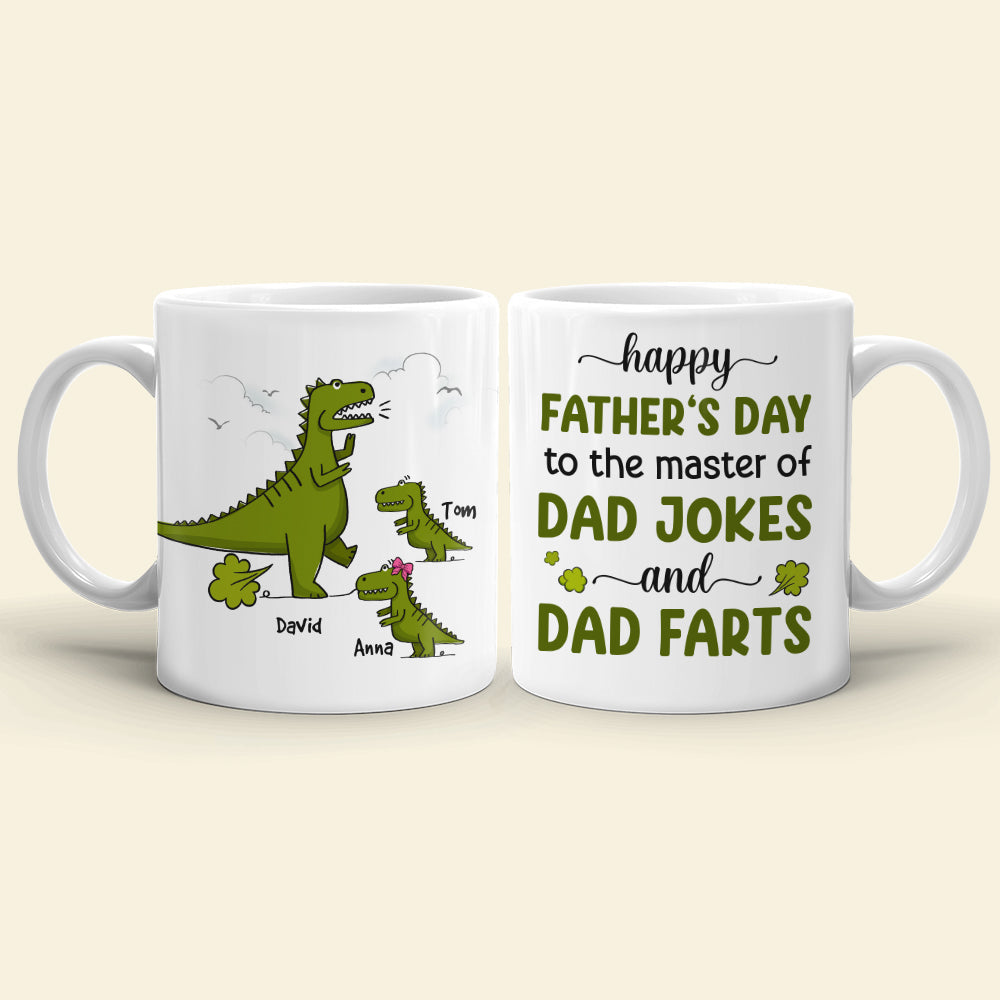 Happy Father's Day To The Master Of Dad Jokes, Personalized Mug, Gift For Dad, Father's Day Gift, Dinosaur Dad And Kids Mug
