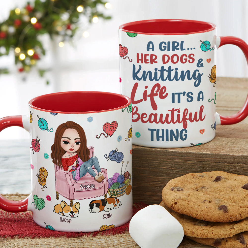 Personalized Gifts For Knitting Lover Accent Mug Women Sitting Knitting With Dog 04XQPU010824HH