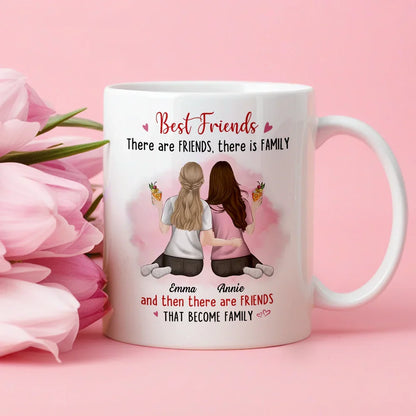 Best Friends White Ceramic Mug Personalized for Two Friends That Become Family, Cute Everyday Coffee Gift
