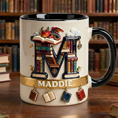 Vintage Book Dragon Alphabet Initial Letter Accent Mug, Personalized Gifts For Book Lovers 02qhdt231225
