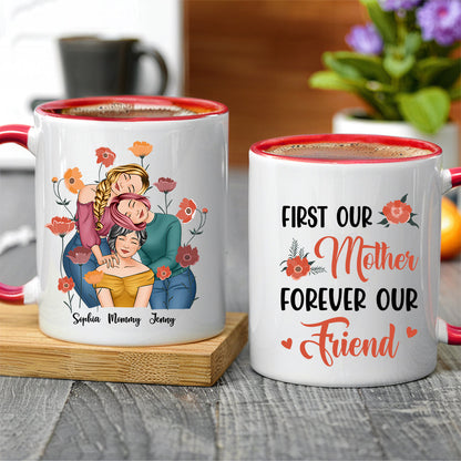 Personalized Gift for Mother or Daughter Ceramic Mug Featuring Hugging Scene with 'First Our Mother, Forever Our Friend'