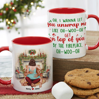 I Wanna Let Him Unwrap Me, Personalized Naughty Couple Accent Mug, Gift For Christmas