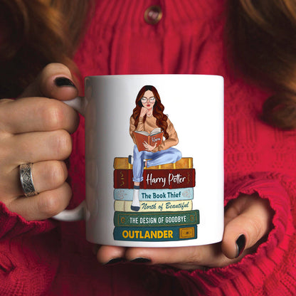 Reading Girl Sitting On Bookstack, Personalized White Mug