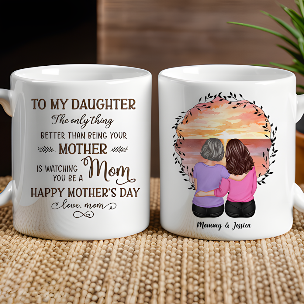 Beach Sunset Mother and Daughter Hugging Back View Personalized Cup, Poster, Keychain, Ornament & More, Sentimental Mother's Day Gift for Daughter
