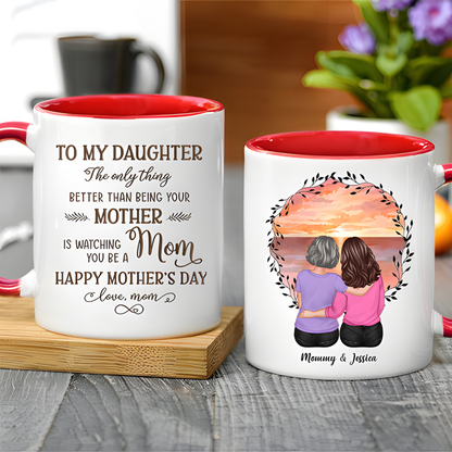 Beach Sunset Mother and Daughter Hugging Back View Personalized Cup, Poster, Keychain, Ornament & More, Sentimental Mother's Day Gift for Daughter