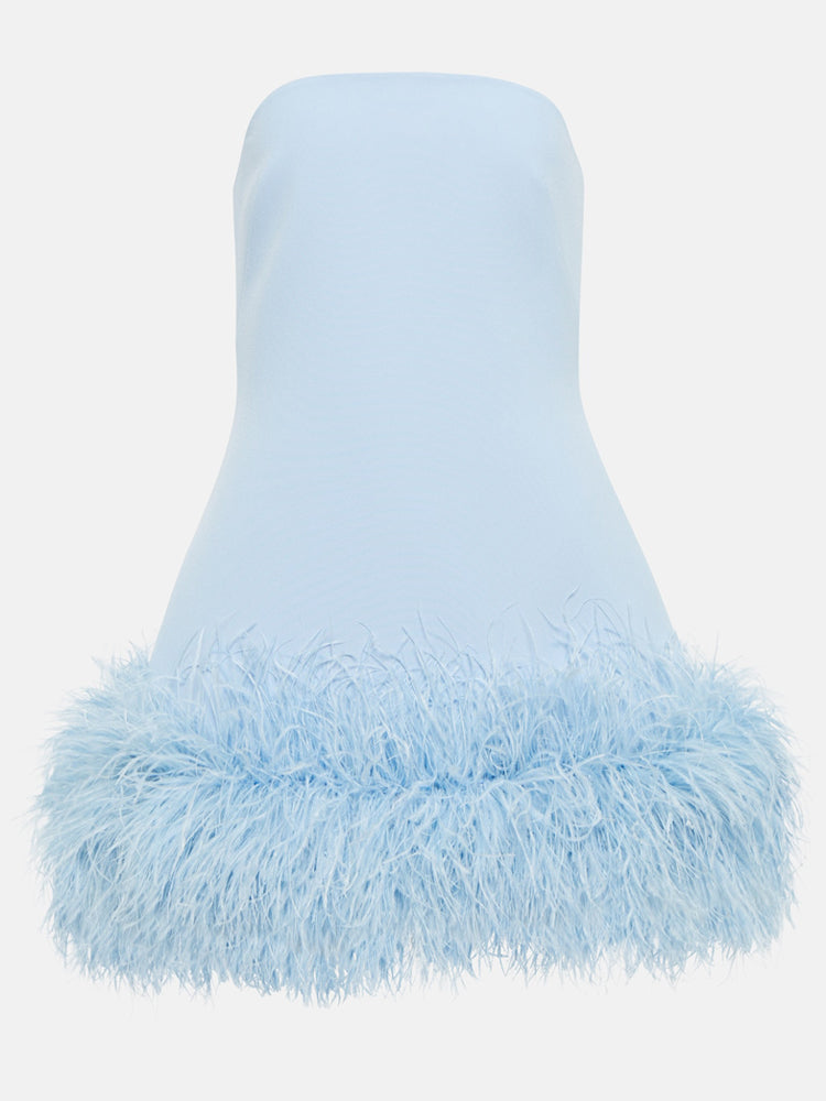 Feather-trimmed Bandeau Neck A-line Mini Dress