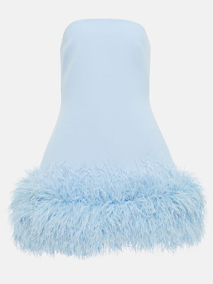 Feather-trimmed Bandeau Neck A-line Mini Dress