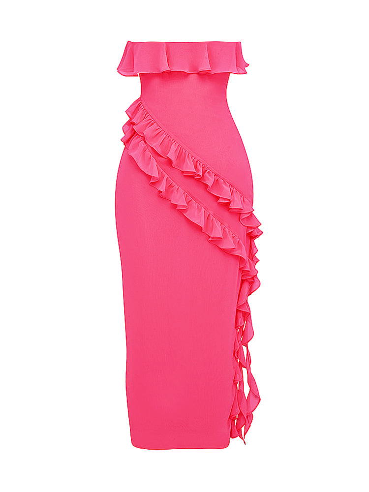Fuchsia Strapless Ruffle Side Slit Maxi Dress