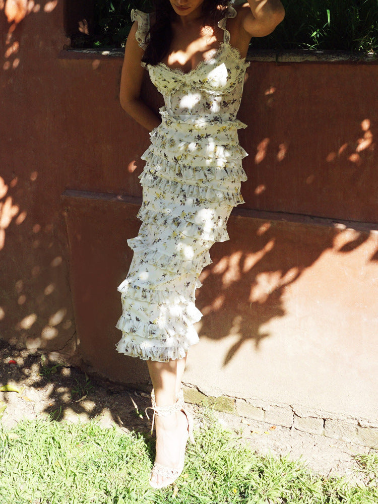 Floral Layered Ruffle Corset Midi Dress