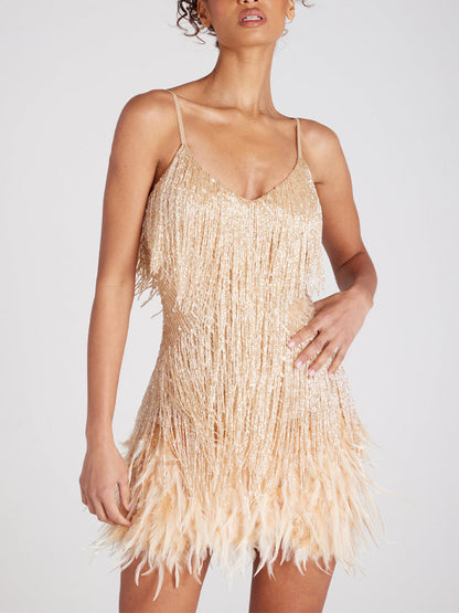 Sequin V Neck Feather Trim Mini Dress