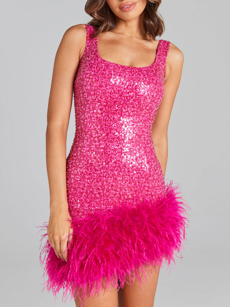 Sequin Feather Trim Sleeveless Square Neck Mini Dress