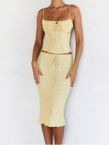 Butter Strappy Ruched Top Knee Length Skirt Set