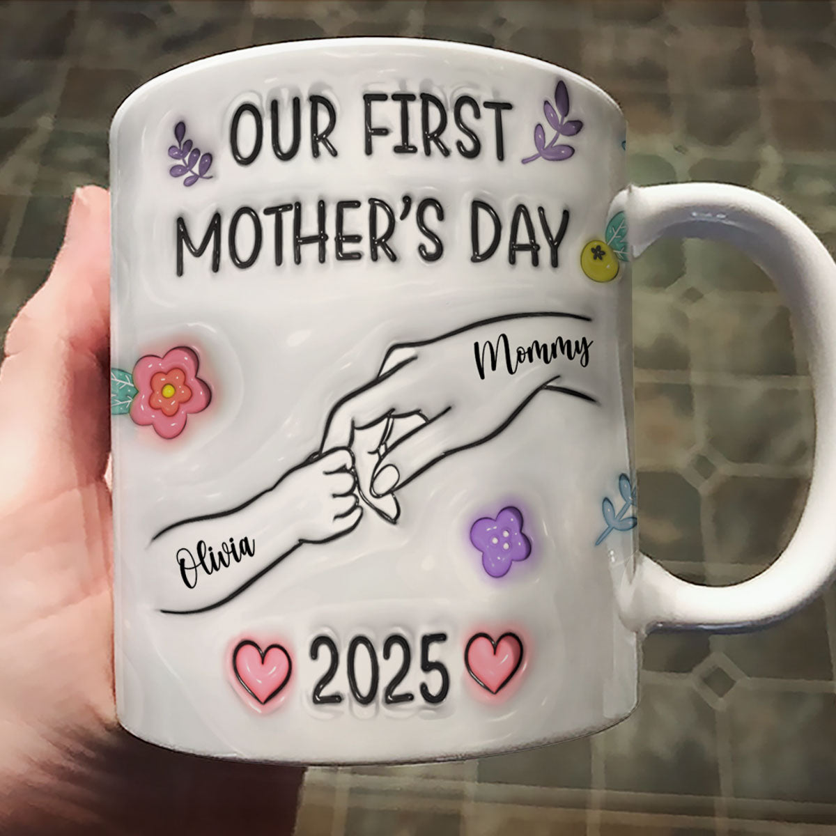 Our First Mother's Day 3D Inflated Baby Holding Mum Hand Personalized Mug, Heartfelt Gift for Mom