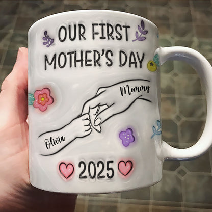 Our First Mother's Day 3D Inflated Baby Holding Mum Hand Personalized Mug, Heartfelt Gift for Mom