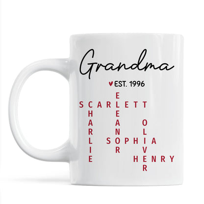 Grandma Est. Grandkids Names Crossword Puzzle Art Personalized Mug