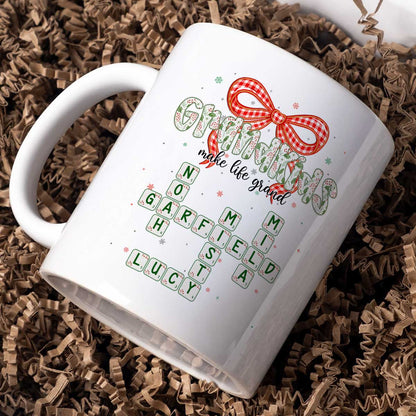 Grandkids Make Life Grand Coquette Floral Christmas Pattern Crossword Puzzle Art - Personalized Mug