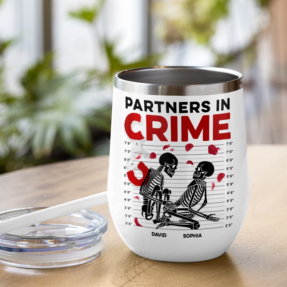 Partners In Crime-Gift For Couple-Personalized Wine Tumbler-Skull Funny Couple Wine Tumbler