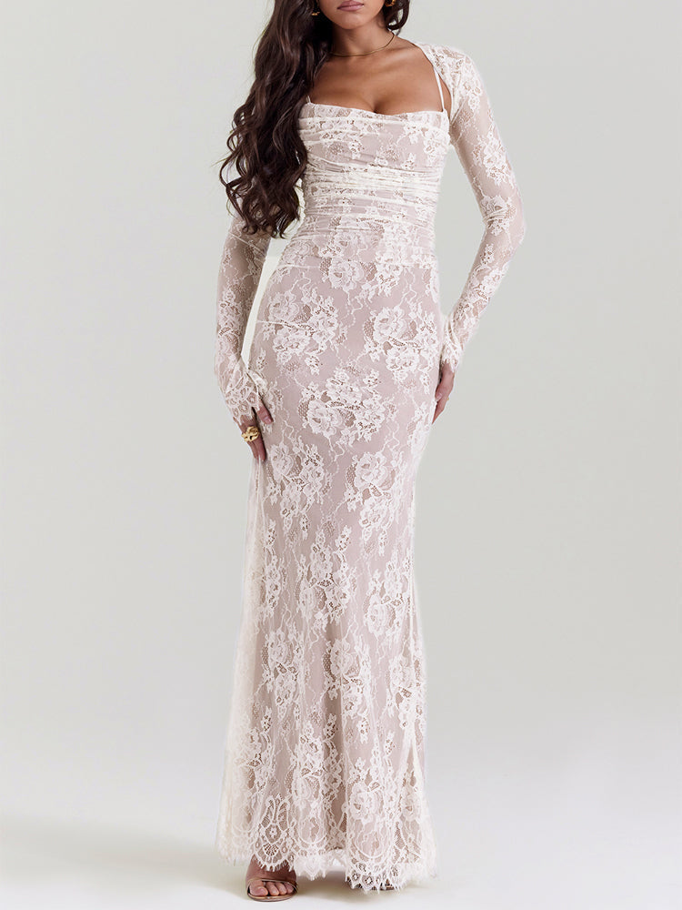 Wedding Vintage Cream Lace Maxi Dress With Gloves