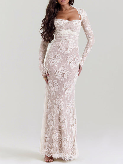 Wedding Vintage Cream Lace Maxi Dress With Gloves