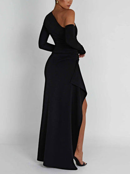 Asymmetric One Shoulder High Slit Drape Maxi Dress
