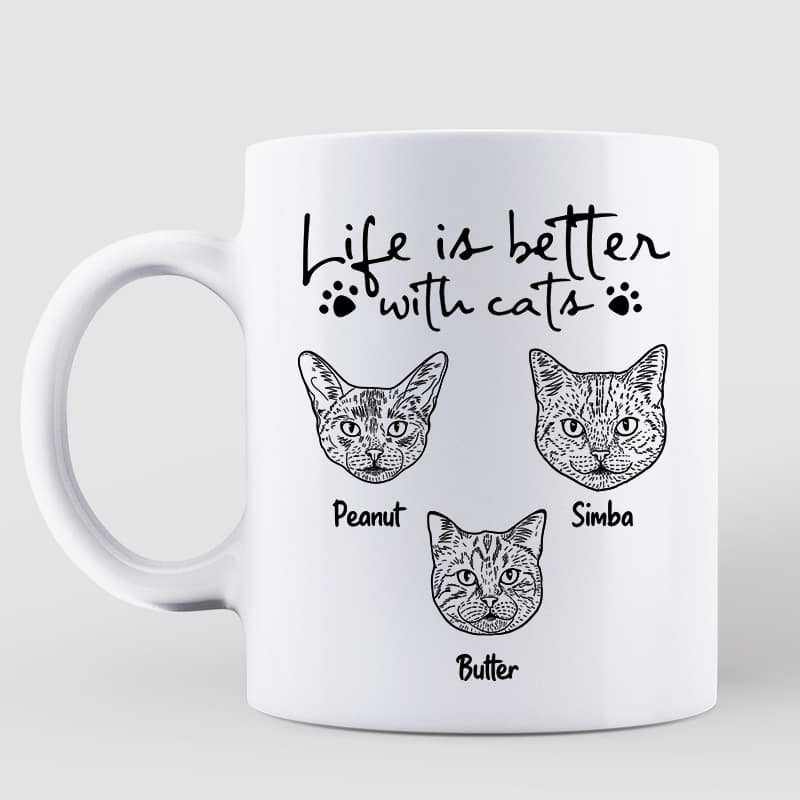 Life Is Better With Cats Cat Head Outline Personalized Mug
