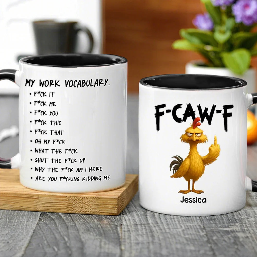 Funny Personalized Ceramic Mug with Grumpy Chicken and Work Vocabulary Quote, Creative Desk Gift for Coworkers