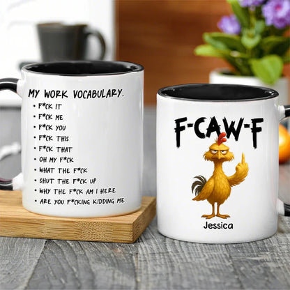 Funny Personalized Ceramic Mug with Grumpy Chicken and Work Vocabulary Quote, Creative Desk Gift for Coworkers