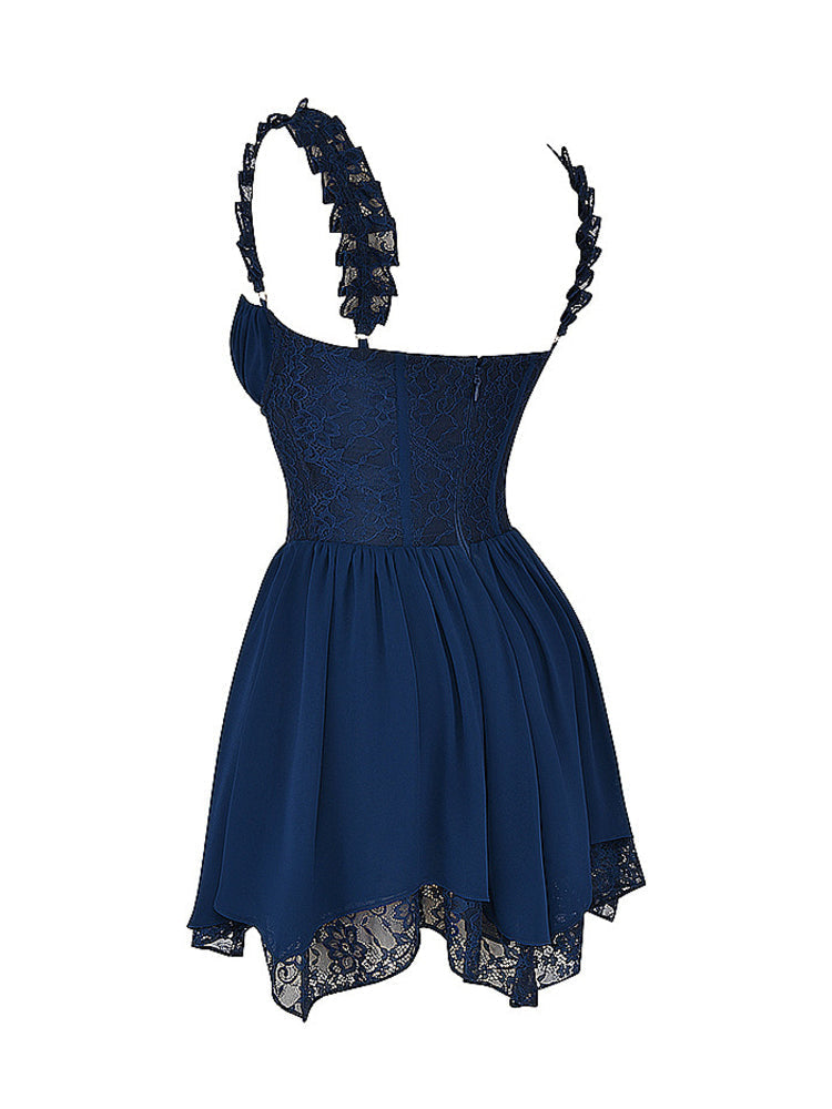 Navy Ruffle Straps Corset Layered Hanky Mini Dress