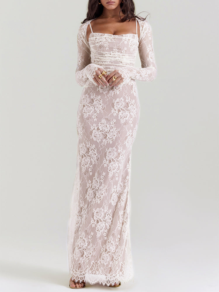 Wedding Vintage Cream Lace Maxi Dress With Gloves