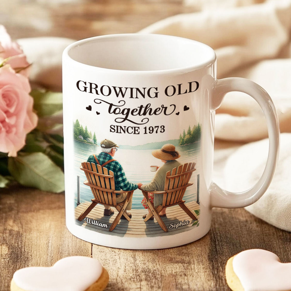 Back View Old Couple Sitting Together On The Lake Dock Personalized Mug, Heartfelt Gift For Him, For Her, Husband, Wife
