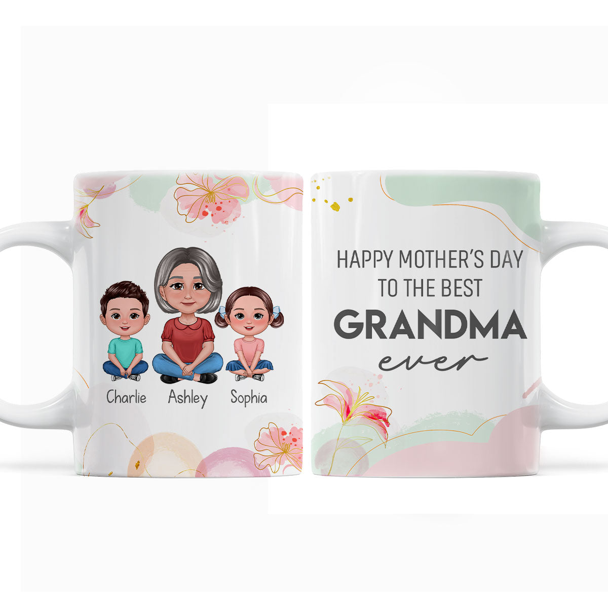 Happy Mother's Day Best Grandma Ever Pretty Woman & Kids Watercolor Abstract Personalized Mug
