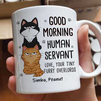 Good Morning Human Servant Stacked Cats Funny Gift For Cat Lover Personalized Mug