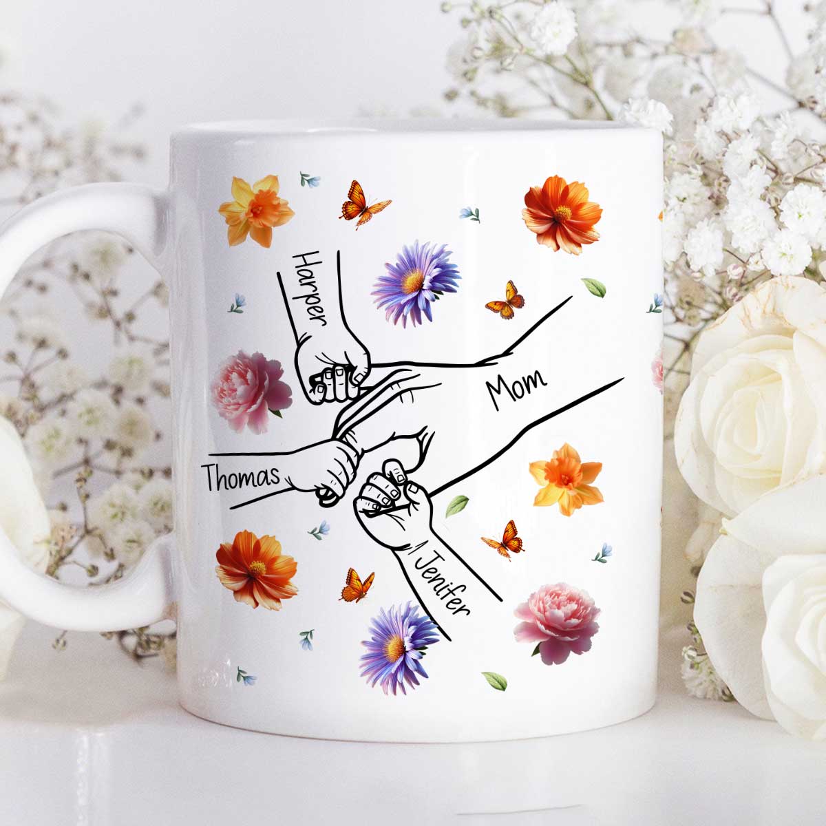 Grandma Mom 3D Effect Birth Flower Kids Holding Hand Outline Personalized Mug